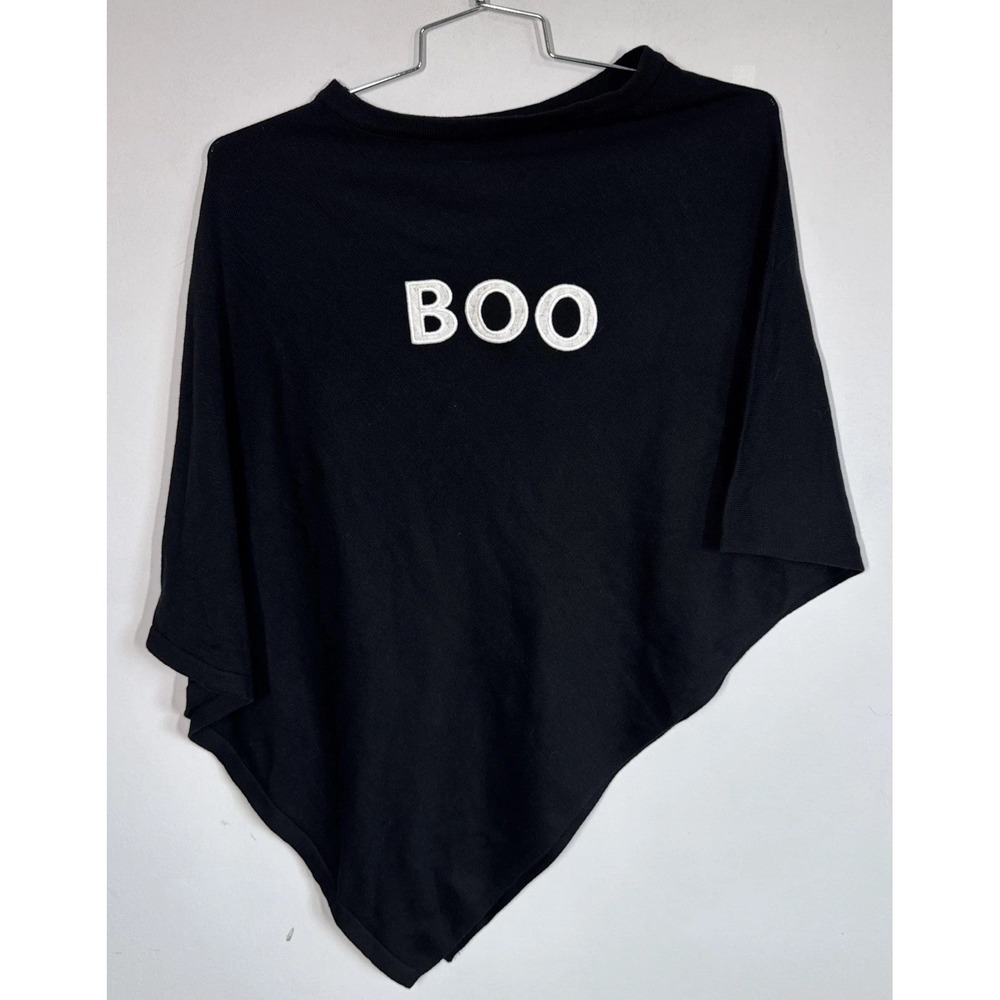 Top It Off Poncho Sweater Women's O/S Black Embroidered Boo Halloween Party